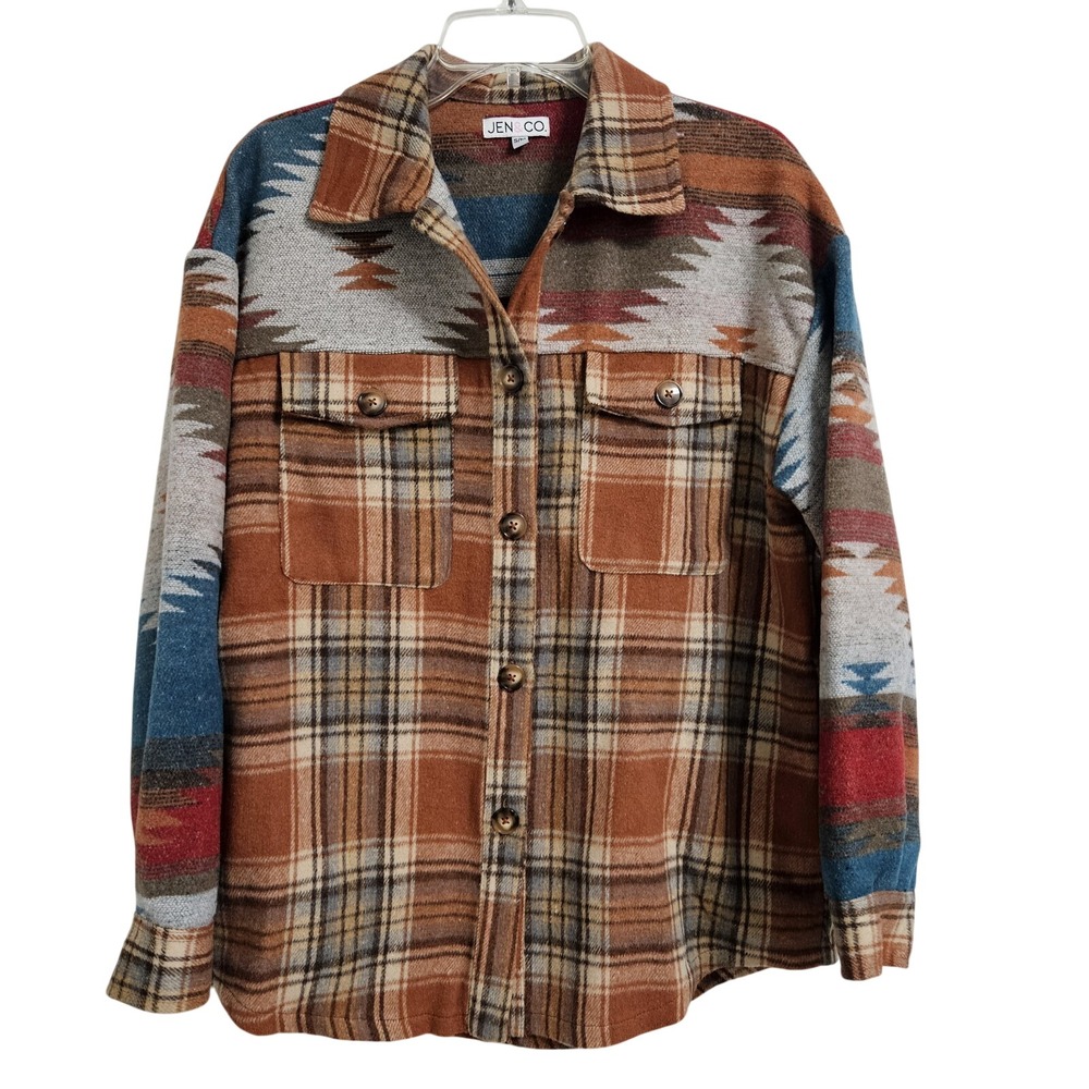 Jen‎ & Co Aztec Shacket Women's S/M Plaid Western Southwestern Blue Orange Gray